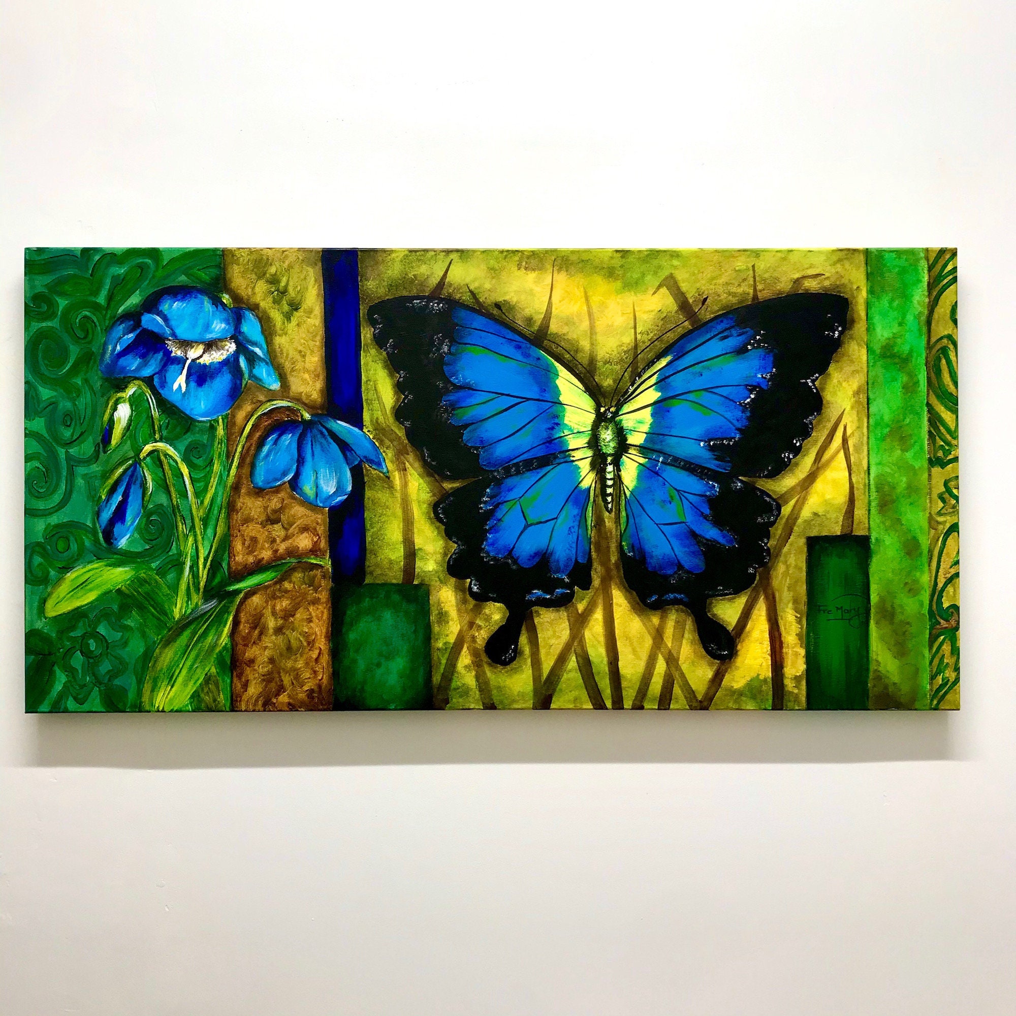 Butterfly & Flowers Acrylic Painting On Canvas/Nature Lover Art Wall/Unique As Picture/100x50cm Canv