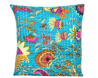 Decorative Pillow Cover Designer Kantha India 20x20 Embroidered Floral Pillow