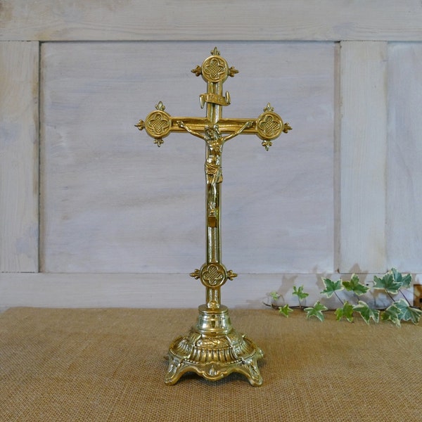 Vintage French, Crucifix, Small Free Standing Crucifix, Religious Ornament, Jesus Christ, 1930s Cross, Brass Crucifix, Pedestal Cross, Cross