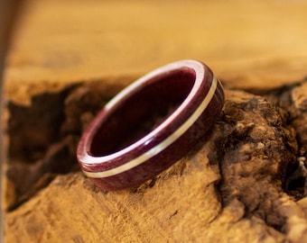 Handmade Amaranth Wood Ring: Purple with Silver Inlay