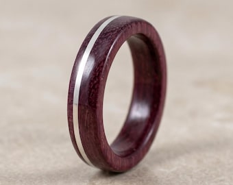 Handmade Amaranth Wood Ring with Silver Inlay, Purpleheart Wooden Band