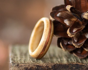 Handcrafted Ash Wood Ring: Creamy color, Copper Inlay