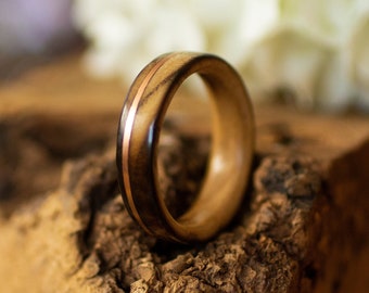Scorched ash wood ring, Copper inlay ring, Wood wedding ring set