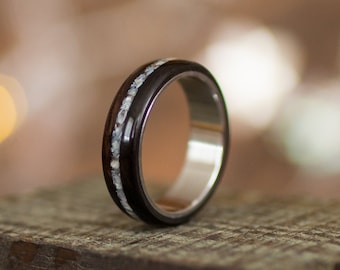 Ebony Wood Ring: Crushed Natural Pearl Inlay, Stainless Steel