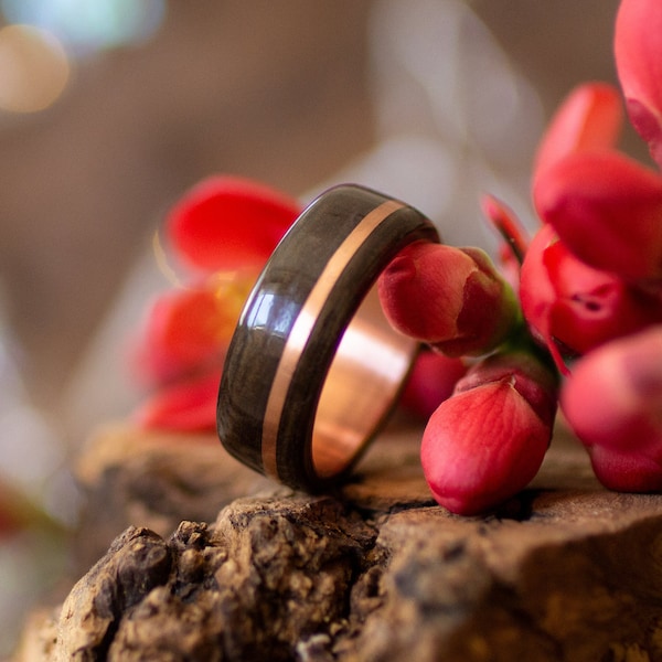 Eucalyptus ring with copper inlay, Wedding couple rings wood, Copper and wood ring