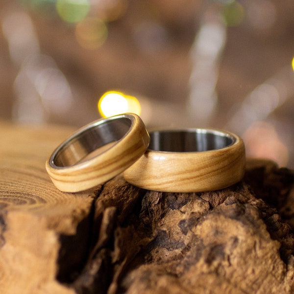 Olive wood rings, Matching couple rings set, Wedding couple bands wood