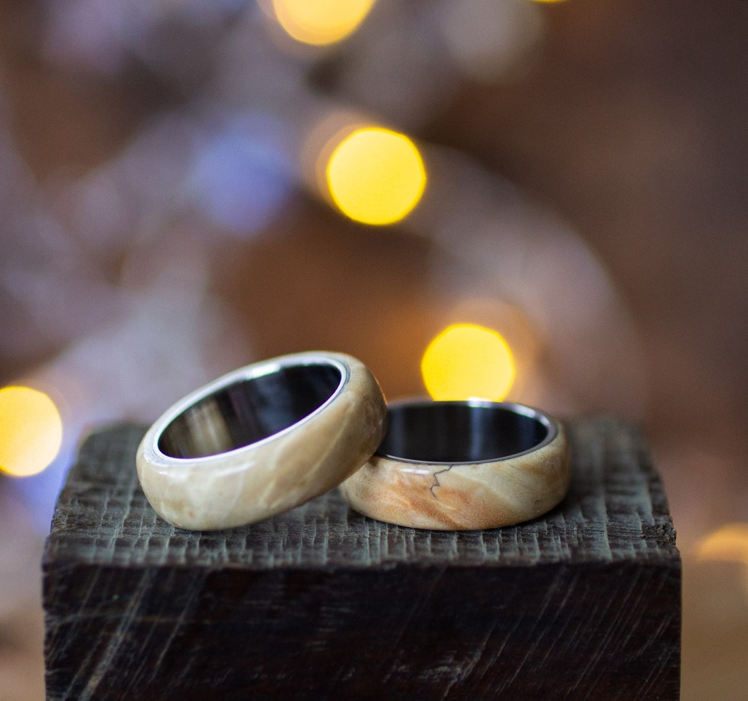 Maple Wood Ring With Stainless Steel, Promise Rings for Couples Wood ...