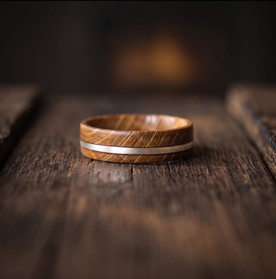 Reclaimed Oak Wood Ring with Silver Inlay, Handcrafted Men's Wedding Band