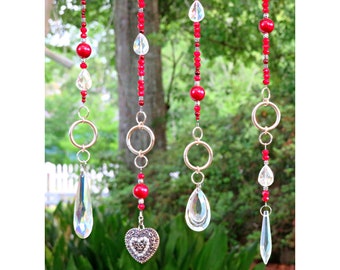 Red Suncatcher with Crystals, Hanging Window Decor with Red Beads and Vintage Rhinestone Heart