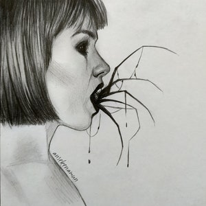 May include: Pencil sketch of a person's profile, with short hair, biting a spider. The spider's legs extend towards the person's face. Dark lines depict the spider and the person's features. Drops of liquid fall from the person's mouth.