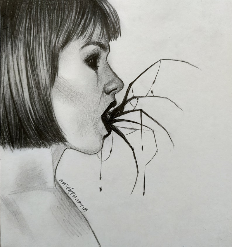May include: Pencil sketch of a person's profile, with short hair, biting a spider. The spider's legs extend towards the person's face. Dark lines depict the spider and the person's features. Drops of liquid fall from the person's mouth.