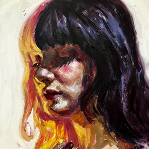 May include: Oil painting portrait of a person with dark hair and red lips. The artwork features a palette of colours including black, red, yellow, and white. The subject's face is partially illuminated, creating a contrast of light and shadow.