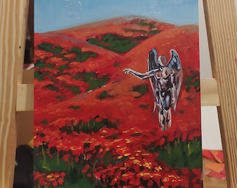 The Stranger - Original landscape oil painting A4 size , nature art, sci fi art, field painting, flower painting, angel, figurative art