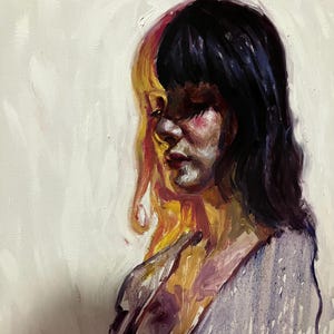 May include: Oil painting of a person with dark hair and a split face, one side yellow and the other dark. The person is looking down, with a purple and white draped garment.