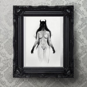 May include: A black and white pencil drawing of a nude figure with a shadowy, horned head in a black frame.