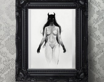 Lámina Giclée de Demon Girl, arte oscuro, arte gótico, dibujo gótico, arte demoníaco, decoración de pared, lámina de arte gótico, lámina de arte en blanco y negro