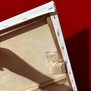 May include: Rear view of a stretched canvas artwork, revealing the wooden frame, staples, and white canvas. A small bag of wooden wedges is attached, used for tightening the canvas. The background is a solid red.