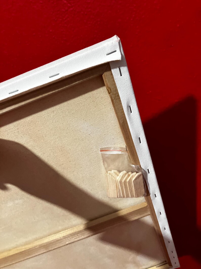 May include: Rear view of a stretched canvas artwork, revealing the wooden frame, staples, and white canvas. A small bag of wooden wedges is attached, used for tightening the canvas. The background is a solid red.