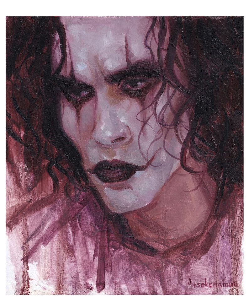 May include: A painting of a man with dark hair and a pale face. He has dark makeup around his eyes and a dark line down his cheek. The background is a dark red.