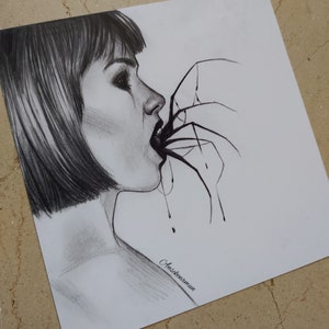 May include: A pencil sketch of a woman's profile, with short hair and a dark, intense gaze. A spider's legs are drawn entering her mouth, with dark drips falling. The artist's signature is visible in the lower right corner.