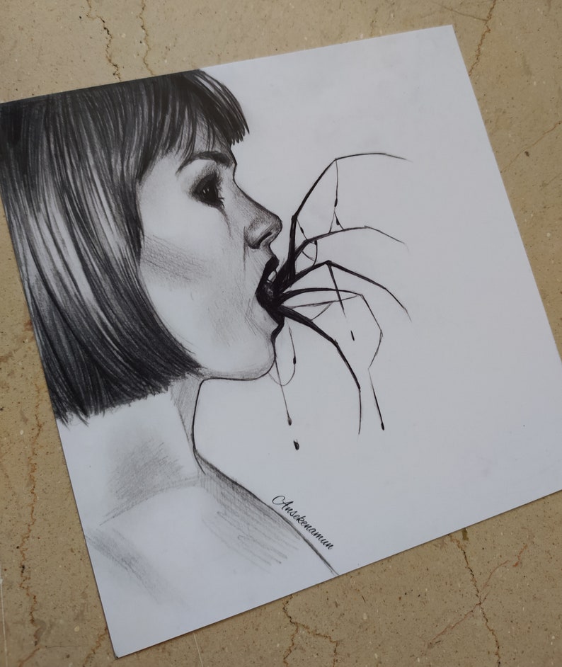 May include: A pencil sketch of a woman's profile, with short hair and a dark, intense gaze. A spider's legs are drawn entering her mouth, with dark drips falling. The artist's signature is visible in the lower right corner.