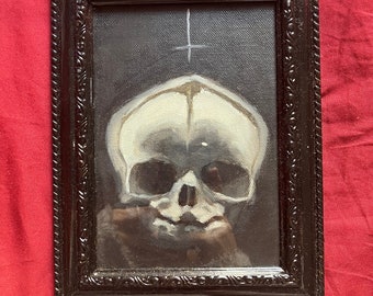 Peinture à l'huile encadrée originale de tête de mort de bébé, peinture de tête de mort, tête de mort de bébé, peinture gothique, cadre gothique, crâne foetal, art gothique, art sombre,