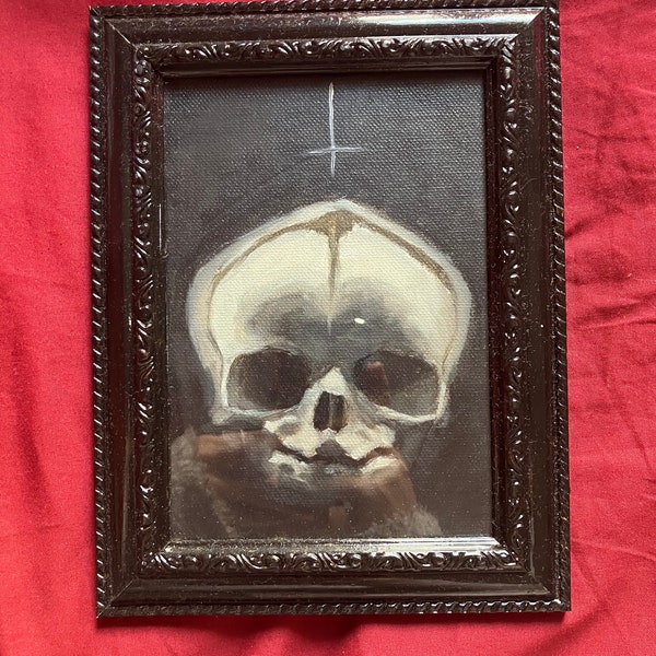 Original Framed Baby Skull oil Painting, skull painting, baby skull, gothic painting, gothic frame, foetal skull, gothic art, dark art,