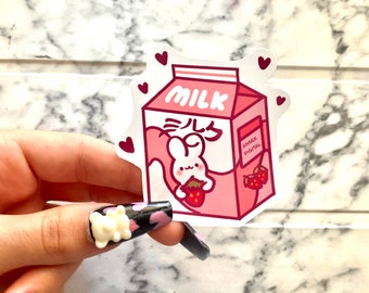 Adesivo de leite de morango kawaii, adesivo rosa, adesivos fofos, adesivos kawaii, ilustração kawaii