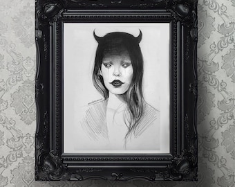 Demon Girl Giclee Art Print, dark art, gothic art, gothic drawing, demon art, horror,  gothic art print horror art black and white art print