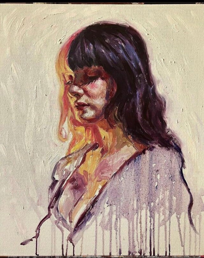 May include: An oil painting portrait of a person with dark hair and a pale complexion. The artwork is split, with one side in shadow and the other in warm tones of yellow and orange. The subject is looking down, wearing a purple garment.