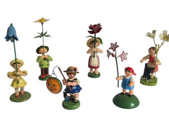 Vintage Retro German Erzgebirge Wooden Hand Painted Flower Child Price is listed per piece