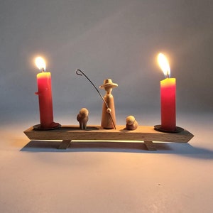 Vintage retro German Erzgebirge candlestick Shepherd with sheep Wooden Hand Painted Candle Holders 60s