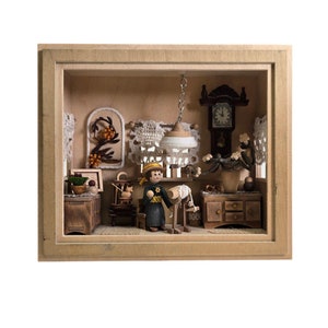 May include: A miniature wooden dollhouse scene featuring a small wooden figure of a woman in a green dress and a yellow hat standing in front of a spinning wheel. The dollhouse is decorated with lace curtains, a clock, and a potted plant.