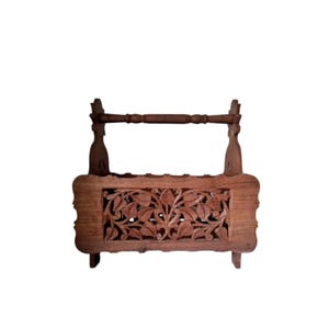 Vintage Mid Century wooden hand made carved magazin holder 80s
