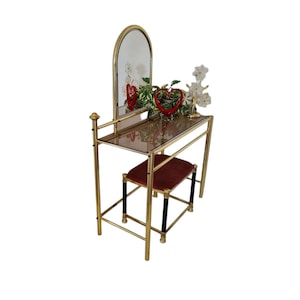 Vintage Hollywood Regency dressing table set Modern Chrome and glass Table with mirror and  Cushioned Stool