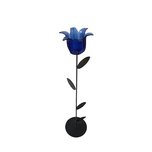 Vintage Floor 86cm Candle Holder  Blue Tulip Glass Shade  Iron Floral Stand
