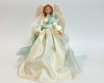 Vintage Delightful Polyresin Tree Topper Angel with ribbons and the inscription on the wings Glory to God