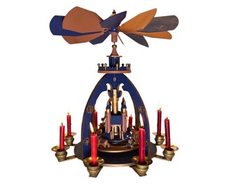 Vintage German Christmas Pyramid: The Magic Castle, Handmade Wooden Figurines, 8 Candles