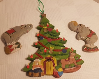 Vintage Set of 3 hand carved wooden  German Christmas tree ornaments Painted Vintage Old World Christmas Tree Holiday Decor