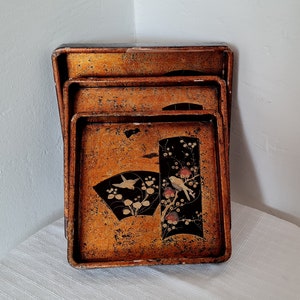 Vintage asian wooden set of 3 Hand-painted nesting trays Accessories oriental collectible