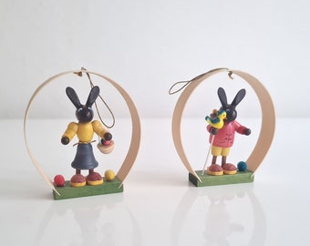 Vintage retro collectible Easter bunnies German Wooden decoration Erzgebirge folk art hand painted made in East Germany