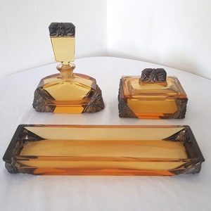 Collectible Bohemian Czech Art Deco Collectible Bohemian Czech Art Deco Robert Amber Glass Vanity Set Jablonec Nad Nissou (Gablonz) ca. 1930