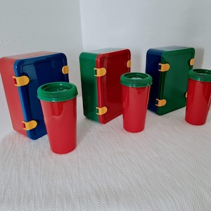 Vintage Memphis Milano color Lunch Box with Covered Drinking Glass