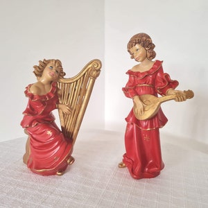 Vintage pair Christmas musicians Hand painted Angels without wings Made in Italy