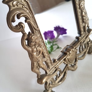 Vintage brass mirror Beveled mirror Vanity mirror Makeup mirror on stand Cherubim Sailors Coat of arms