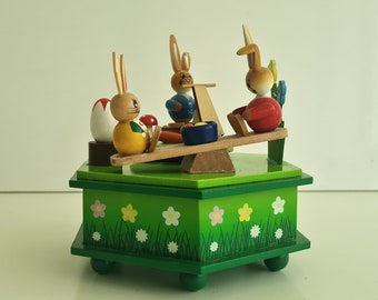 Caja de música de Pascua retro vintage con 3 conejitos de Pascua