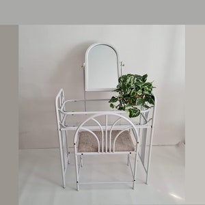 Vintage Mid century dressing metal and glass Table with mirror and Stool 80s