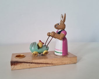 Vintage German Easter Bunny Candlestick, Erzgebirge Folk Art