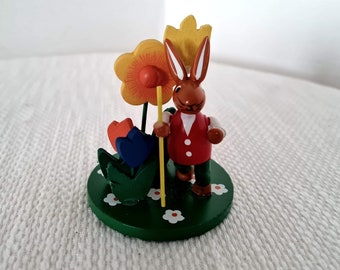 Vintage Erzgebirge Easter Bunny, Hand-Painted Wooden Folk Art