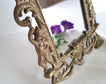 Vintage brass mirror Beveled mirror Vanity mirror Makeup mirror on stand Cherubim Sailors Coat of arms